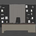 Modern Office Interior With Large Wooden Desk Black Leather Chair And Bookshelves