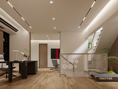 Elegant Modern Basement Interior With Staircase Desk Chair Plants And Lighting 3d model