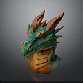 Vibrant Dragon Head Sculpture With Horns Spikes And Green Orange Design
