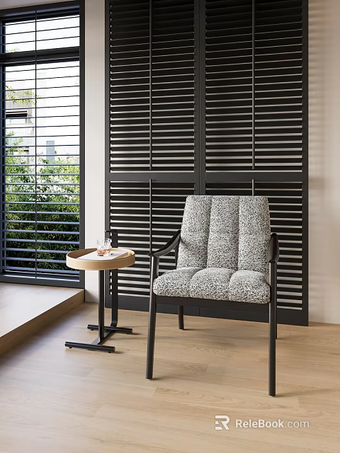 Textured Gray Lounge Chair with Small Round Table Black Louvered Shutters and Greenery View 3d model 