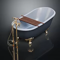 Elegant Vintage Bathtub With Gold Faucet Wooden Rack And Decorative Feet