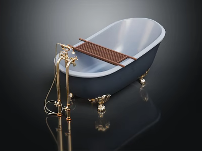 Elegant Vintage Bathtub With Gold Faucet Wooden Rack And Decorative Feet 3d model