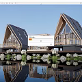 Modern Cultural Center Building With Triangular Roofs Wooden Structure And Waterfront Reflection
