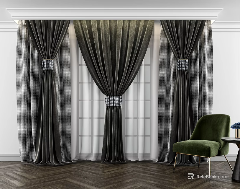 Dark Checkered Velvet Curtains With Tie Backs For Window And Green Chair Decor 3d model 