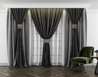 Dark Checkered Velvet Curtains With Tie Backs For Window And Green Chair Decor 3d model