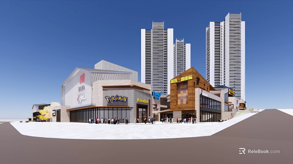 Vibrant Commercial Street With Mixed Architectural Styles Shops High Rise Buildings And Pedestrians 3d model 