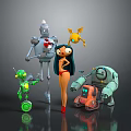 Vibrant Characters And Creatures Including Female Figure Robots Small Robot Flying Creature And Mechanical Vehicle