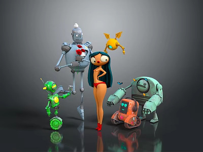 Vibrant Characters And Creatures Including Female Figure Robots Small Robot Flying Creature And Mechanical Vehicle 3d model