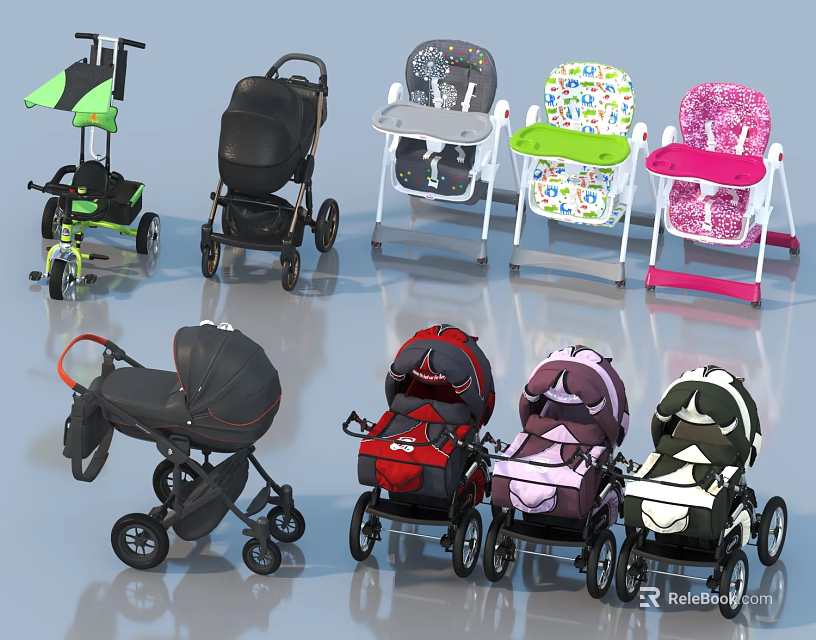 Baby Strollers And High Chairs With Various Colorful Designs For Infants 3d model 
