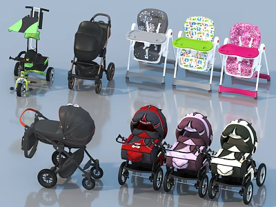 Baby Strollers And High Chairs With Various Colorful Designs For Infants 3d model