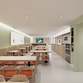 Modern Restaurant Interior With Wooden Tables Orange Chairs And Pendant Lights On Light Green Walls