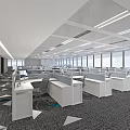 Bright Modern Public Office Space With Cubicles Computers And Large Windows 3d model