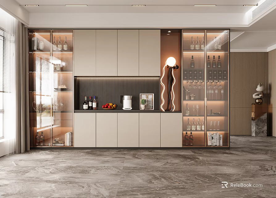 Modern Wine Cabinet with Glass Doors Showcasing Wine Bottles and Glassware in Elegant Interior Setting 3d model 