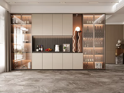 Modern Wine Cabinet with Glass Doors Showcasing Wine Bottles and Glassware in Elegant Interior Setting 3d model