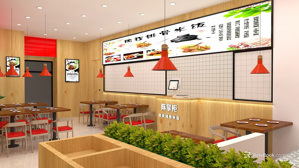 Casual Chinese Restaurant Interior With Wooden Walls Red Pendant Lights And Menu Board 3d model 