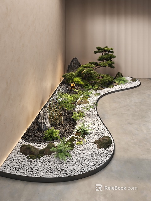 Tranquil Indoor Landscape With Rockery Pine Tree Stones Pebbles And Green Plants 3d model 