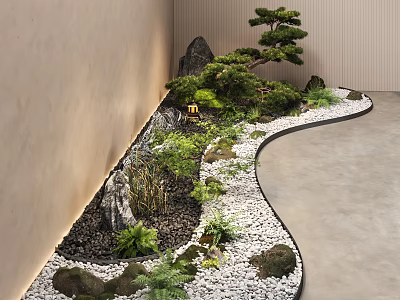 Tranquil Indoor Landscape With Rockery Pine Tree Stones Pebbles And Green Plants 3d model