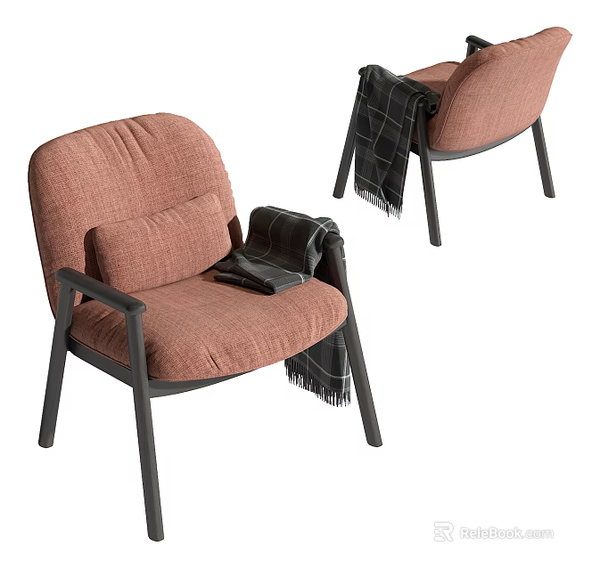 Cozy Pink Fabric Accent Chair With Armrest Throw Blanket And Cushion 3d model 