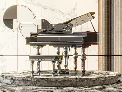 Elegant Modern Piano Room Featuring Black Grand Piano Silver Bench And Marble Floor Decorative Elements 3d model