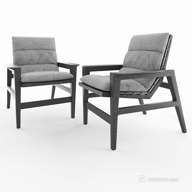 Modern Leisure Chairs with Gray Cushions and Wooden Frame in Minimalist Style 3d model 