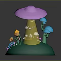 Playful 3D Scene With Green Base Pink Mushroom Yellow Stem Blue Trees And Colorful Bridge