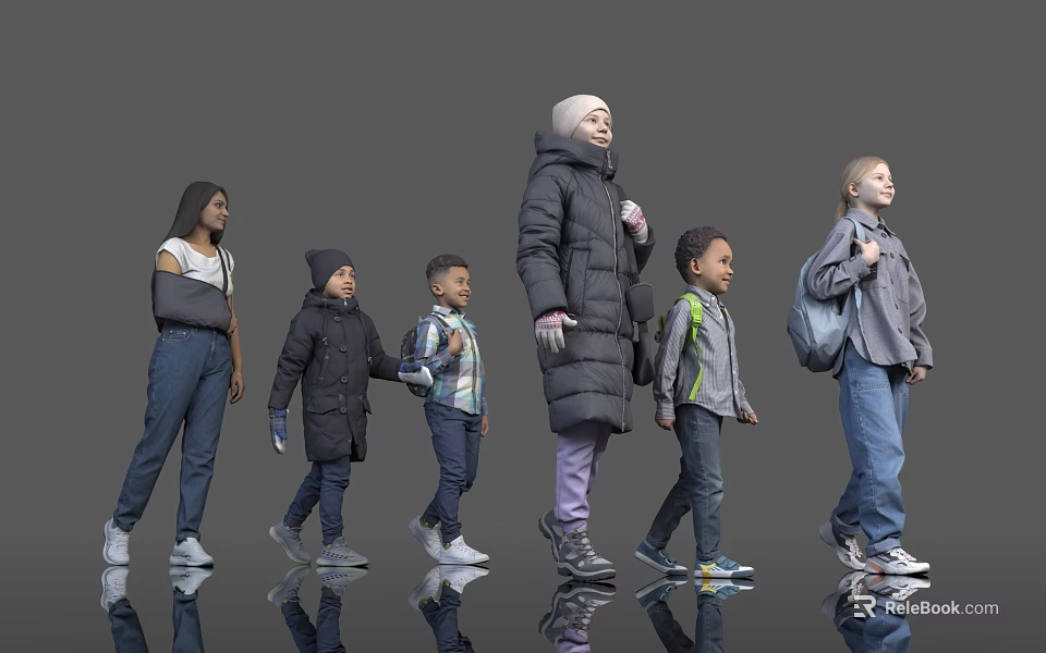 Group of People of Different Ages Walking Together Wearing Coats Jackets And Backpacks 3d model 