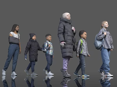 Group of People of Different Ages Walking Together Wearing Coats Jackets And Backpacks 3d model