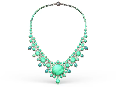 Elegant Green Gemstone Necklace With Central Emerald And Silver Chain Design 3d model
