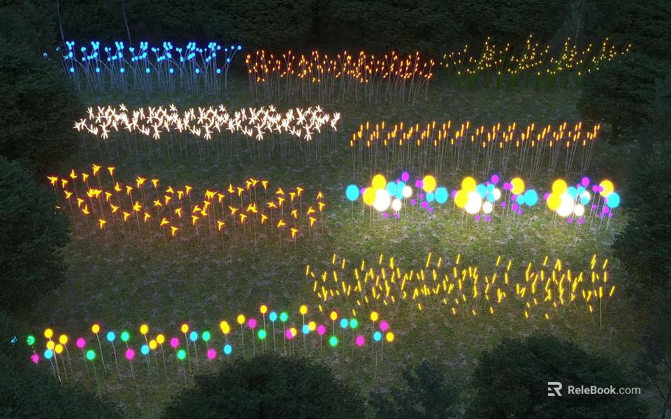 Colorful Outdoor Lights Decorative Flower Shaped On Garden Lawn At Night 3d model 