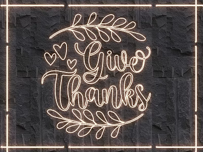 Neon Lighting Combination with Give Thanks Lettering Leaf Decorations and Hearts on Dark Stone Wall 3d model