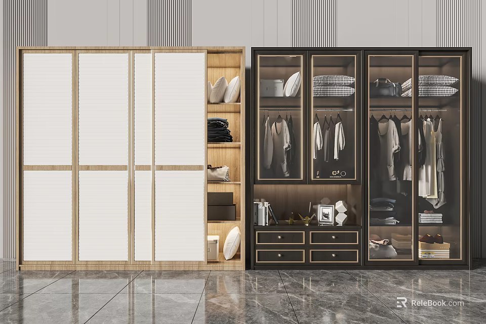 Wooden Sliding Door And Open Wardrobe With Hanging Clothes Shoes Drawers And Decorations 3d model 