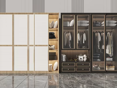 Wooden Sliding Door And Open Wardrobe With Hanging Clothes Shoes Drawers And Decorations 3d model