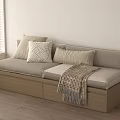 Minimalist Window Sofa Bed With Storage Wooden Base And Decorative Pillows Blanket