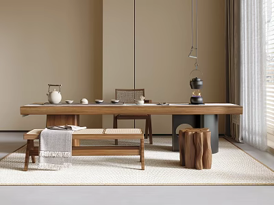 Minimalist Wooden Tea Table And Chairs Interior With Tea Set Natural Light And Rug 3d model