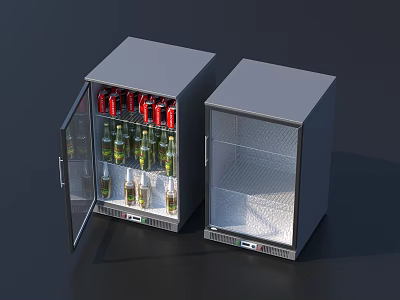Compact Refrigerators Freezers With Transparent Door Bottled Drinks And Open Door Empty Interior Shelves 3d model