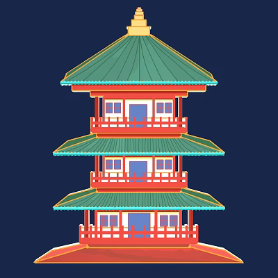 Ancient Architecture Three Story Structure With Green Roof And Red Frame Traditional Design 3d model