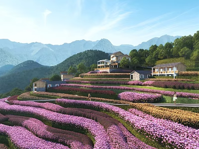 Beautiful Scenic Landscape Of Purple Flower Terraced Fields With Green Mountains And Traditional Houses 3d model
