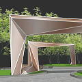 Modern Geometric Pergola Surrounded by Green Trees and Lawn with Stone Path and Wooden Benches