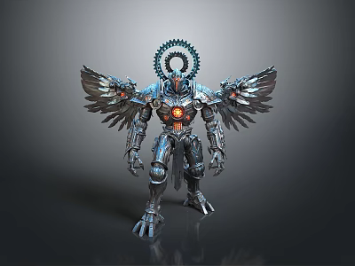 Futuristic Mechanical Robot With Winged Metallic Armor Circular Headpiece And Glowing Core 3d model