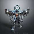 Futuristic Mechanical Robot With Winged Metallic Armor Circular Headpiece And Glowing Core