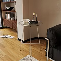 Modern Round Side Table with Metal Frame Near Black Leather Sofa 3d model