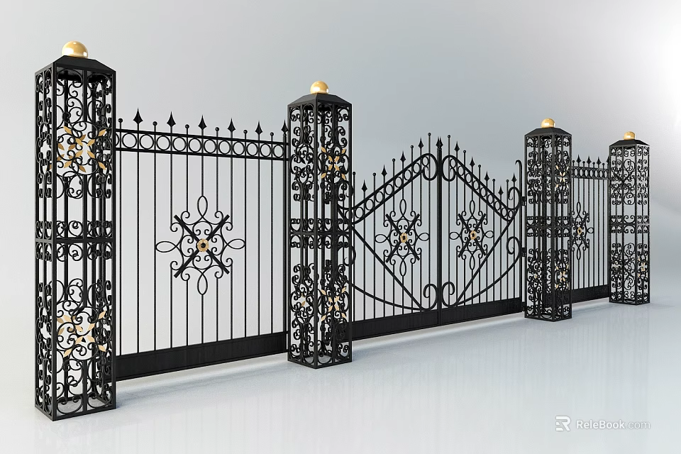 Ornate Black Iron Gate With Gold Topped Pillars And Floral Decorative Patterns 3d model 