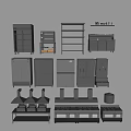 Modern Kitchen Equipment Collection Featuring Cabinets Refrigerators Shelves Range Hoods And Stovetops
