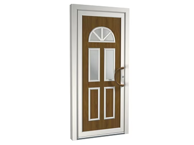 Wooden Hinged Door With Glass Panels Arched Top And White Frame Design 3d model