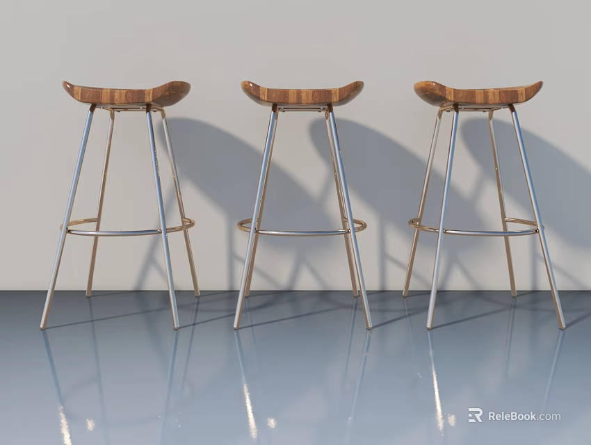 Modern Style Bar Stools With Wooden Seats And Metal Frames On Reflective Floor 3d model 