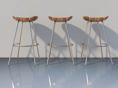Modern Style Bar Stools With Wooden Seats And Metal Frames On Reflective Floor 3d model