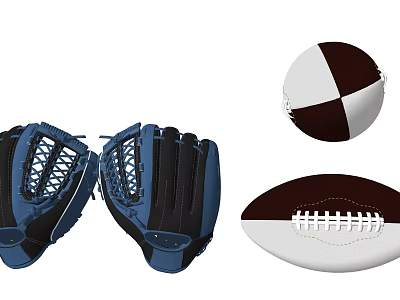 Sports Equipment Including Blue Baseball Gloves White And Brown Football And Baseball 3d model