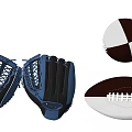 Sports Equipment Including Blue Baseball Gloves White And Brown Football And Baseball