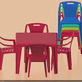 Red Rectangular Dining Table And Four Red Chairs With Stacked Colorful Chairs 3d model