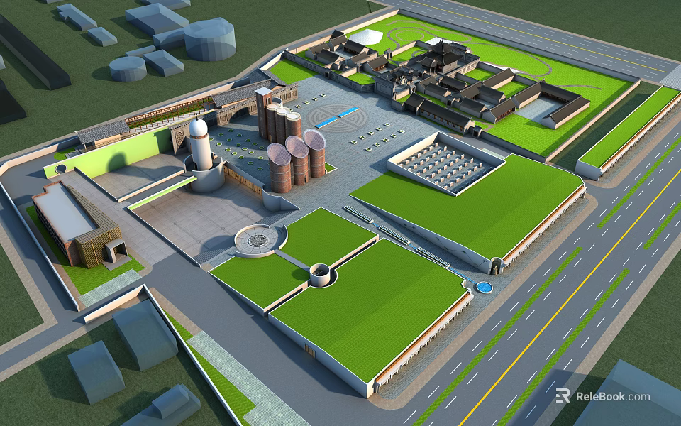 Ancient Architecture Complex Featuring Traditional Courtyard Layout And Green Roofs 3d model 